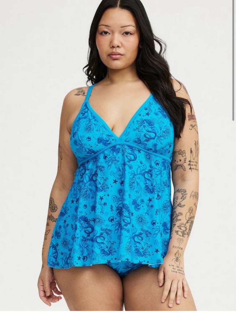 torrid Size 5 Blue Mermaid Tattoo Print Soft Cup Halter Adjust Tankini Top NWT
